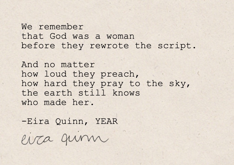 Mockup of "God Was a Woman" hand-typed on A7 handmade paper
